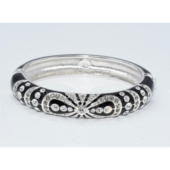 Joan Rivers Black Enamel Rhinestone Silver Tone Hinged Bangle Bracelet - Vintage - Picture 1 of 7
